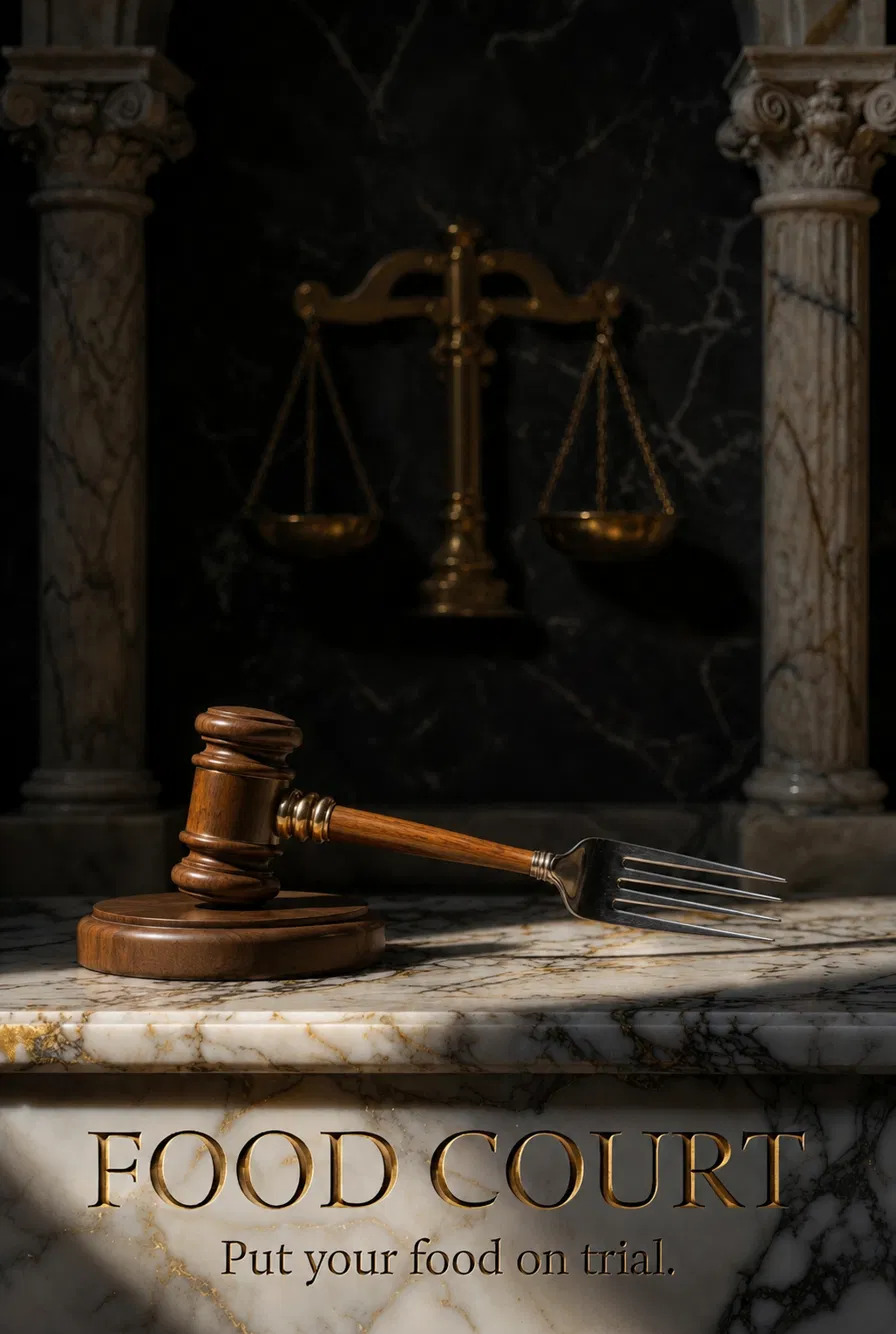 Food Court — a gavel and fork fused on a marble courthouse bench beneath the scales of justice.